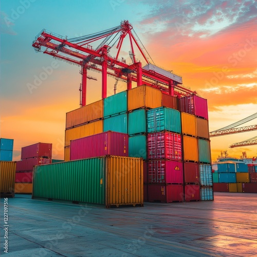 Colorful shipping containers stacked high at sunset, under a large crane at a bustling port.