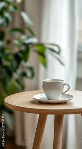 Wallpaper Mural White coffee cup on wooden side table near plant. Torontodigital.ca
