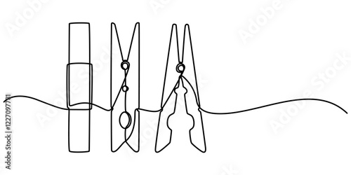 Wooden clothespin icon continuous one line drawing, illustration of clothespin one continuous line art. line, simple, hand drawn and sketch style. for icon, symbol, sign or logo, Clothesline with pin.
