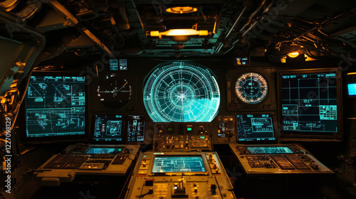 HUD military traffic control, radar or sonar display screen interface. Navigation digital vector monitors with blue neon radar grid, map, target and blip objects, submarine, airplane navigation system