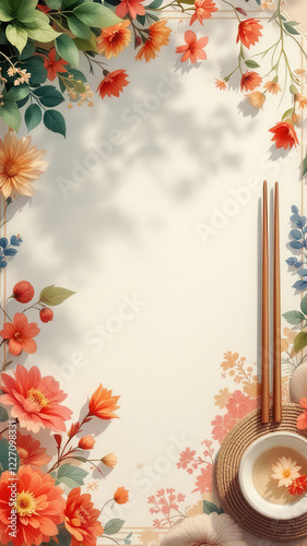 Beautiful menu card frame with chopsticks and flowers