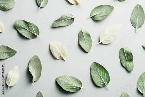Minimalist pattern featuring scattered abstract leaves in soft sage green and cream on a pale gray background for a serene aesthetic