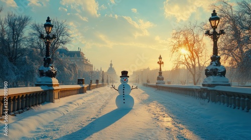 Snowman winter sunrise city bridge