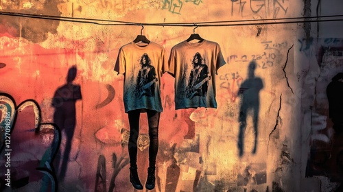 Urban Sunset: Twin Shirts Hanging Against a Graffiti-Covered Wall photo