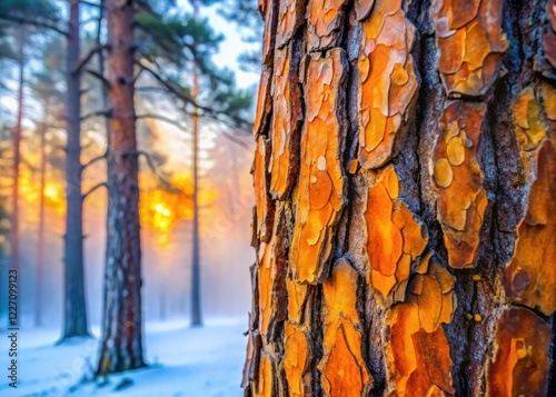 Intricate Negral pine bark detail, frosted winter close-up, foggy backdrop. photo