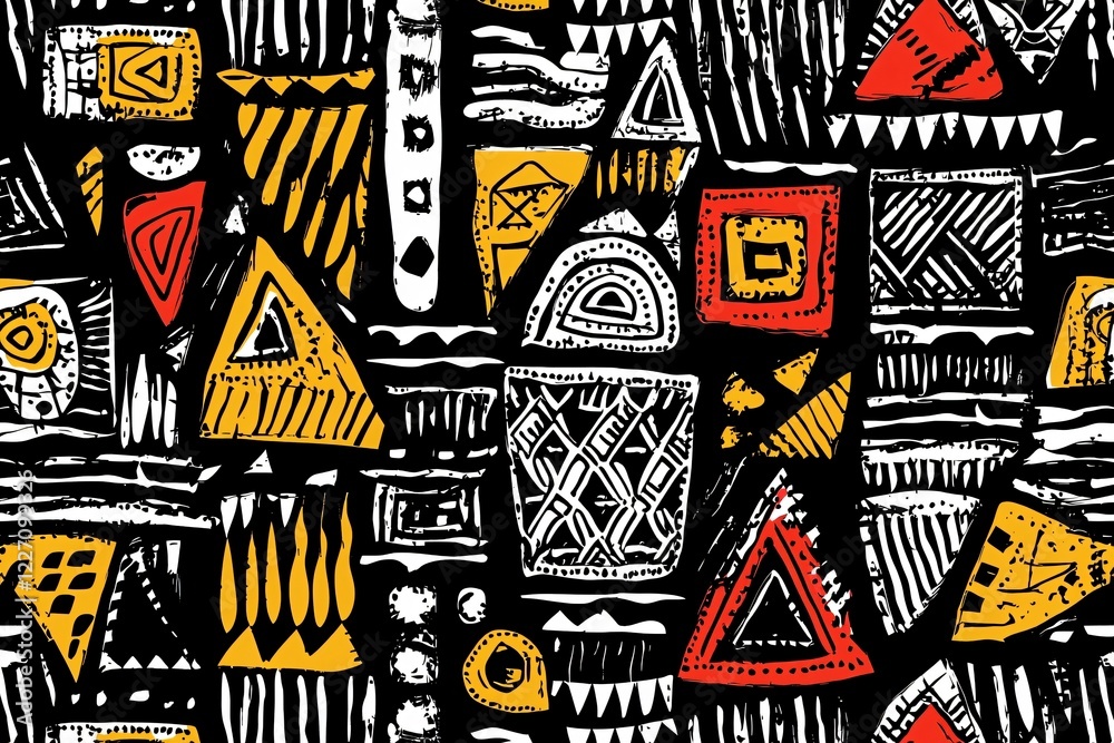 Fototapeta premium Abstract geometric patterns featuring vibrant colors and intricate designs on a black background