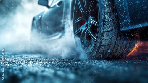 Close-up of a car tire smoking and burning rubber during a drift.