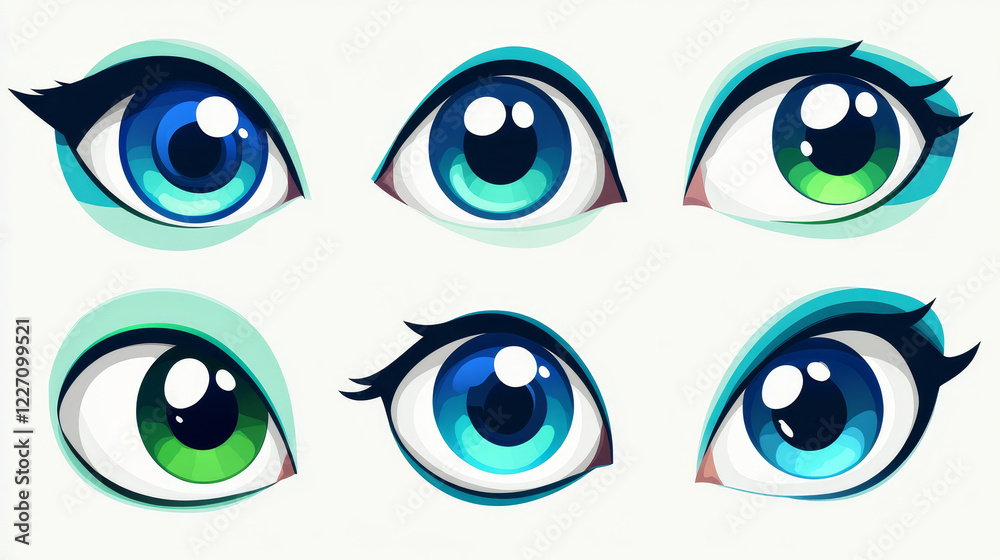 Blue and green cartoon eyes expressing a variety of different emotions isolated on white for comics design Blue and green cartoon eyes expressing a variety of different emotions isolated on white for comics design