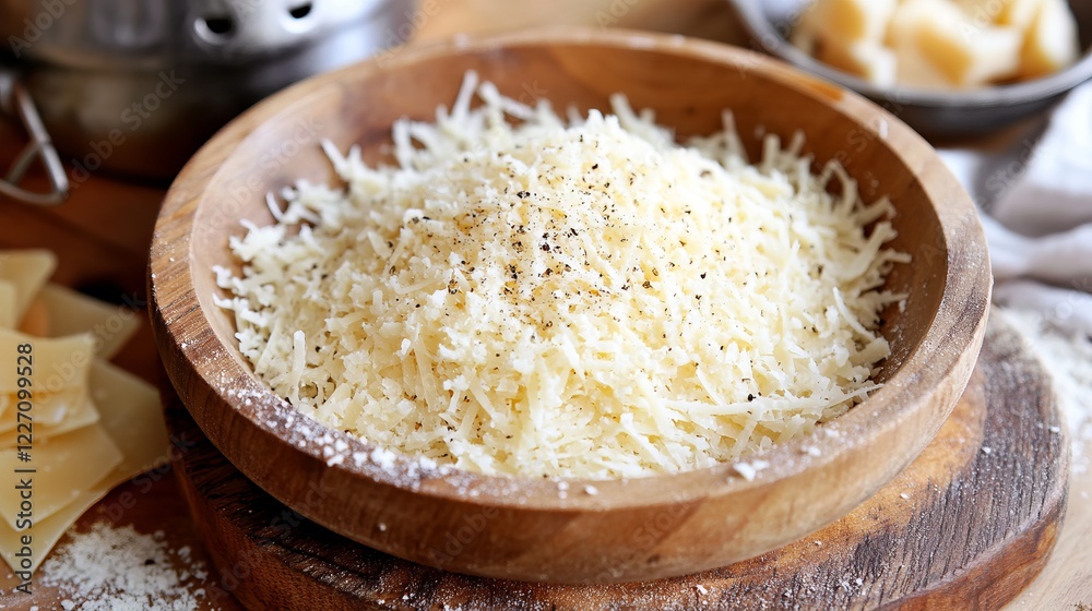 Grated Parmesan Cheese in Wooden Bowl - Perfect for Italian Cuisine Grated Parmesan Cheese in Wooden Bowl - Perfect for Italian Cuisine
