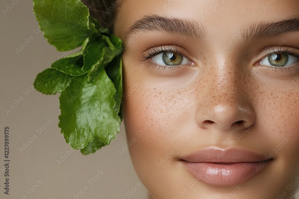 Natural beauty showcase with fresh greenery enhancing a youthful smile in a serene setting Natural beauty showcase with fresh greenery enhancing a youthful smile in a serene setting