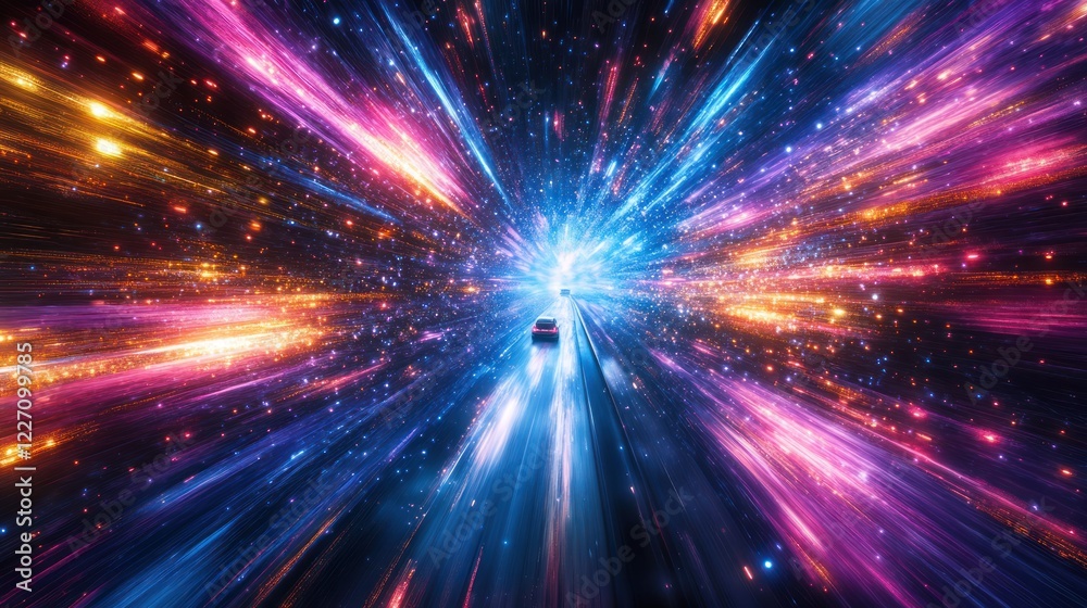 Obraz premium Car speeding through vibrant nebula, cosmic background, futuristic travel