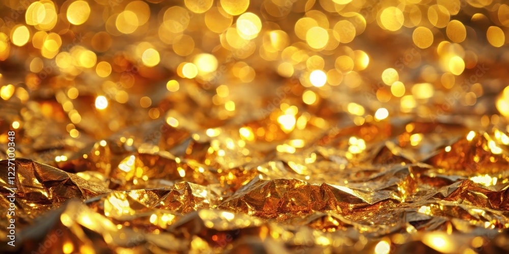 Glittering gold foil background with scattered light reflections on a sleek surface, creating an eye-catching visual effect