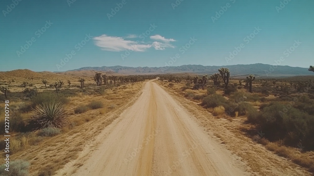 Scenic Dirt Road through Desert with Joshua Trees and Blue Sky Scenic Dirt Road through Desert with Joshua Trees and Blue Sky
