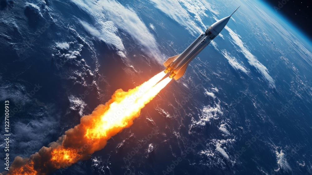 Obraz premium Rocket launch, Earth orbit, fiery trail, space exploration