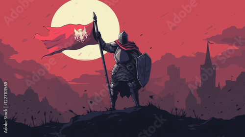 A knight holding a banner with the emblem of their kingdom, rallying troops, computer game, pixel art style