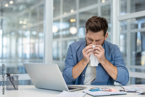 Sick man suffering at workplace, sneezing. Worker has runny nose and cold blowing snot into a napkin. Working with laptop inside office.