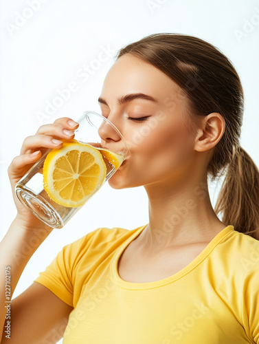 Healthy lifestyle concept: Young woman in a yellow sports outfit enjoying refreshing lemon water. Perfect for wellness, hydration, nutrition, and fitness-related designs. Ideal for health campaigns!