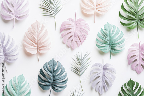 Minimalist tropical pattern with pastel monstera leaves and palm fronds in soothing colors on a clean white background