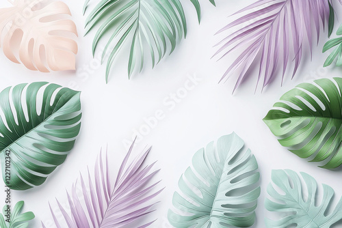 Minimalist tropical pattern with pastel monstera leaves and palm fronds on a white background