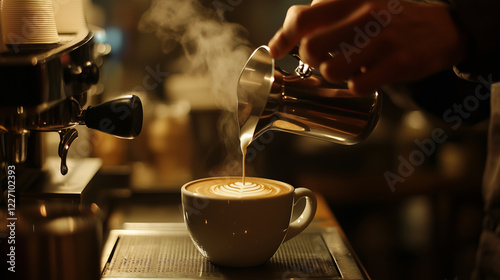 Wallpaper Mural A barista pouring milk into a steaming cup of coffee, creating elegant latte art, coffee for people, photo style Torontodigital.ca