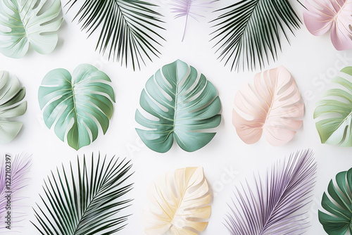 Minimalist tropical pattern with pastel monstera leaves and palm fronds on white background
