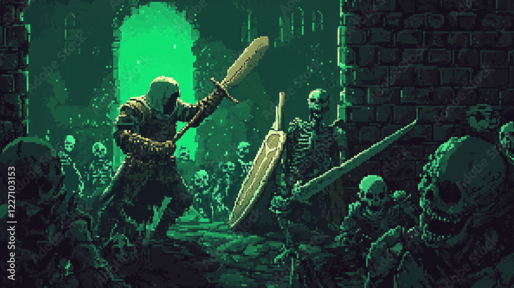 A knight fighting off a horde of skeleton warriors in a dark dungeon, computer game, pixel art style A knight fighting off a horde of skeleton warriors in a dark dungeon, computer game, pixel art style