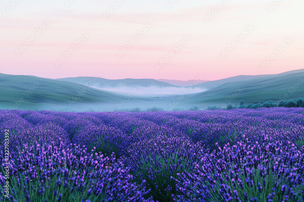 Obraz premium Misty morning in a vast lavender field reveals tranquil hills under a pastel sky