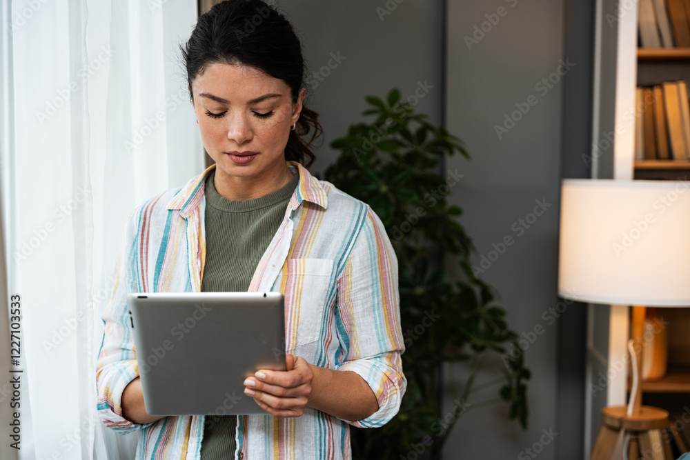 Smart caucasian woman in business casual wear holding digital tablet standing near windows at home. Young freelance independent expert female worker using technology for distant work at home office. Smart caucasian woman in business casual wear holding digital tablet standing near windows at home. Young freelance independent expert female worker using technology for distant work at home office.