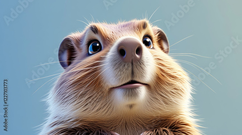 Cute smiling groundhog portrait against a pastel blue backdrop for Groundhog Day themes photo