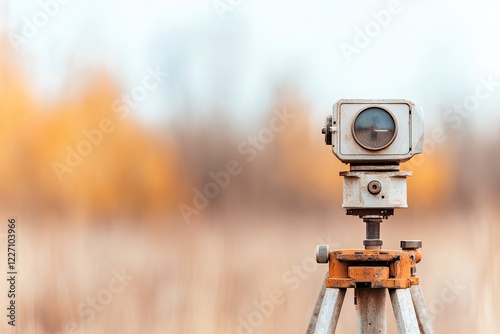 close-up of modern theodolite precisely aligned with distant control point for accurate angle measurements with copy