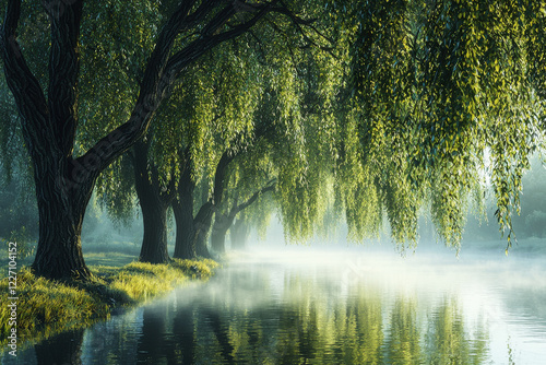 Misty riverbank adorned with gracefully weeping willows under soft morning light
