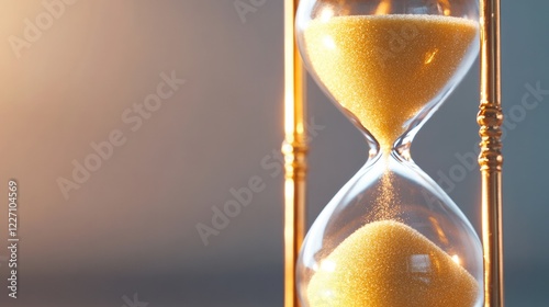close-up of golden sand slipping through hourglass softly illuminated by warm lighting