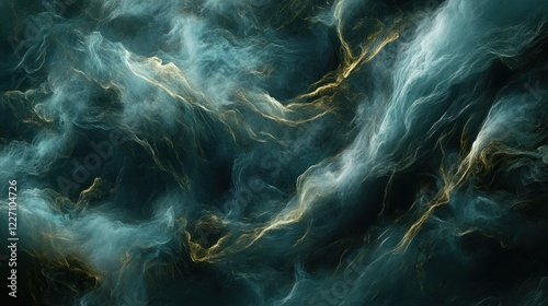 Abstract swirling teal and gold cloudscape; cosmic background, digital art