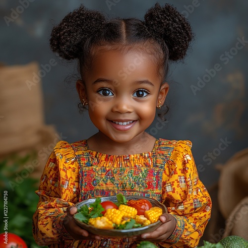 A joyful little girl with curly pigtails holds a bowl of fresh vegetables, including corn and tomatoes, wearing a vibrant yellow patterned dress. She smiles warmly, standing in a rustic, cozy setting