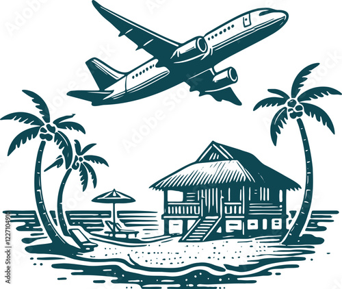 Airplane Flying Over Tropical Beach with Palm Trees and Hut in Vintage Style