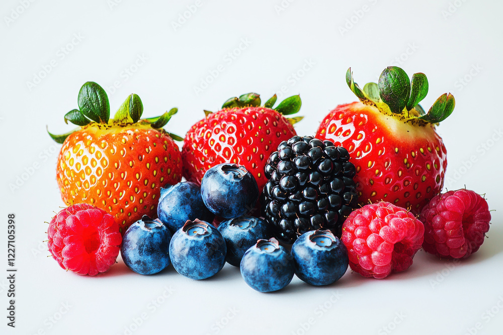 Fresh mixed berries showcasing vibrant colors and textures in a natural arrangement on a white background Fresh mixed berries showcasing vibrant colors and textures in a natural arrangement on a white background