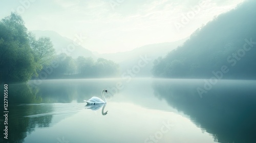 Serene swan swims misty lake sunrise, mountains backdrop; peaceful nature scene photo