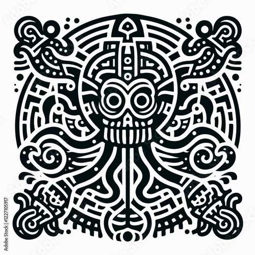 Kraken's Embrace: A mesmerizing black and white illustration of a stylized kraken, rendered in intricate geometric patterns reminiscent of ancient tribal art. The design is bold, symbolic.