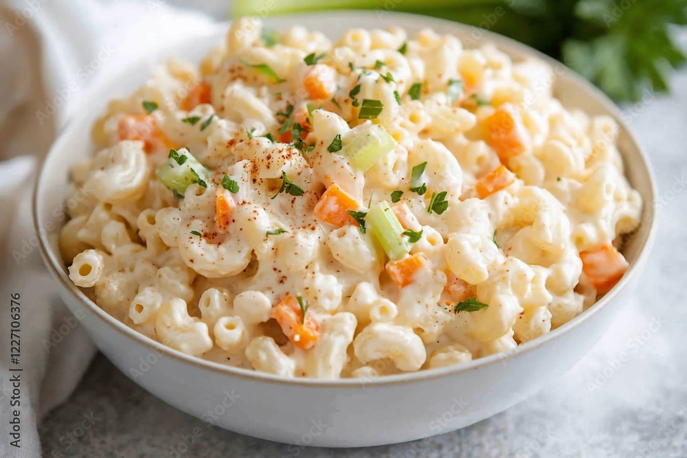 Creamy macaroni salad with diced vegetables and herbs in a bowl, garnished and ready to serve Creamy macaroni salad with diced vegetables and herbs in a bowl, garnished and ready to serve