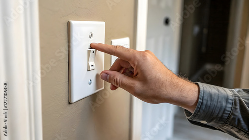 Hand switching on a light switch in a modern home interior
