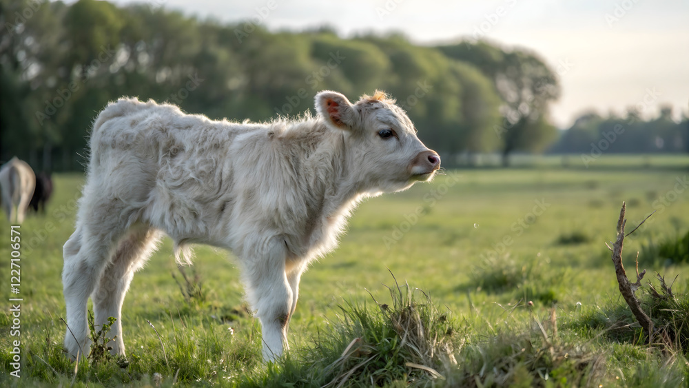 Obraz premium Young calf standing in a green pasture during golden hour with soft sunlight