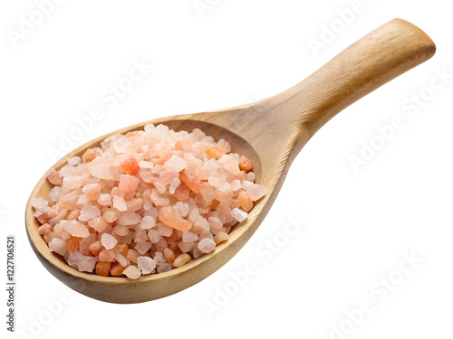 Cut out 3D of wooden spoon with Himalayan salt on white isolated transparent background. PNG.