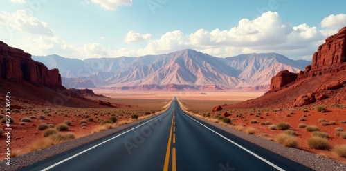 Endless highway cuts through red rock desert, distant mountains , journey, open