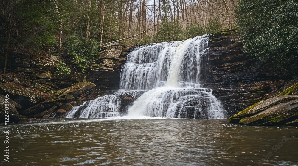 Fototapeta premium Cascading waterfall in forest, spring, nature, tranquil scene, travel