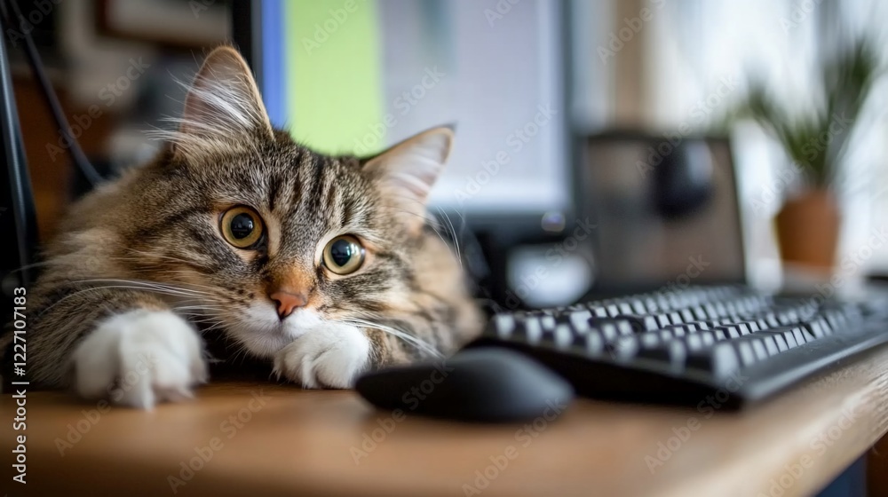 Curious Tabby Cat Peeking Over Desk, with Computer, Keyboard and Mouse Visible Curious Tabby Cat Peeking Over Desk, with Computer, Keyboard and Mouse Visible