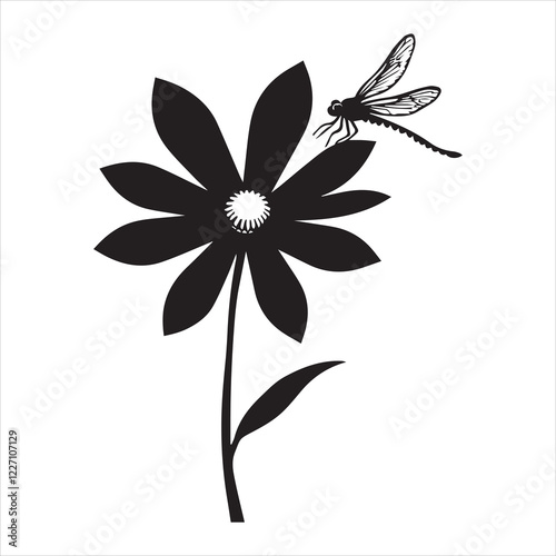 A silhouette of a daisy with a dragonfly hovering nearby