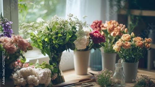 Scene of a floral arrangement setup. Featuring flowers, vases, and arranging tools. Highlighting the beauty of floral design. Ideal for floral and craft blogs. photo