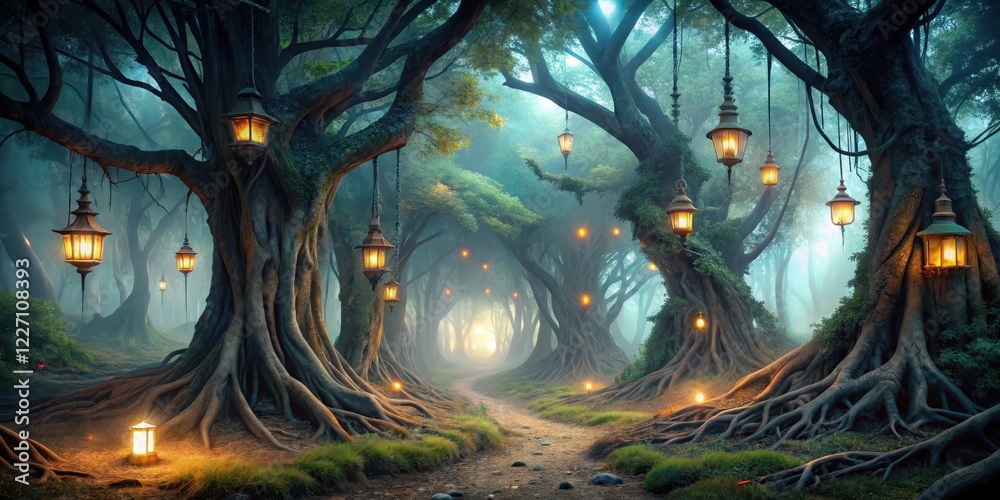 Fototapeta premium Dark mystical forest with twisted tree roots and misty atmosphere, illuminated by dim lanterns, ambient, atmospheric