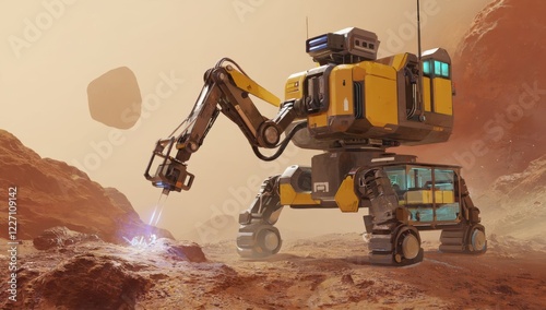 Futuristic mining robot extracting minerals from rocks on the surface of mars, showcasing advanced space exploration and resource utilization photo