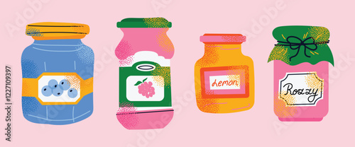 Collection of colorful jam jars with fruit labels isolated on a pink background. Set of fruit jams in glass jars in cartoon style. Hand-drawn flat vector illustration. Homemade marmalade jars.